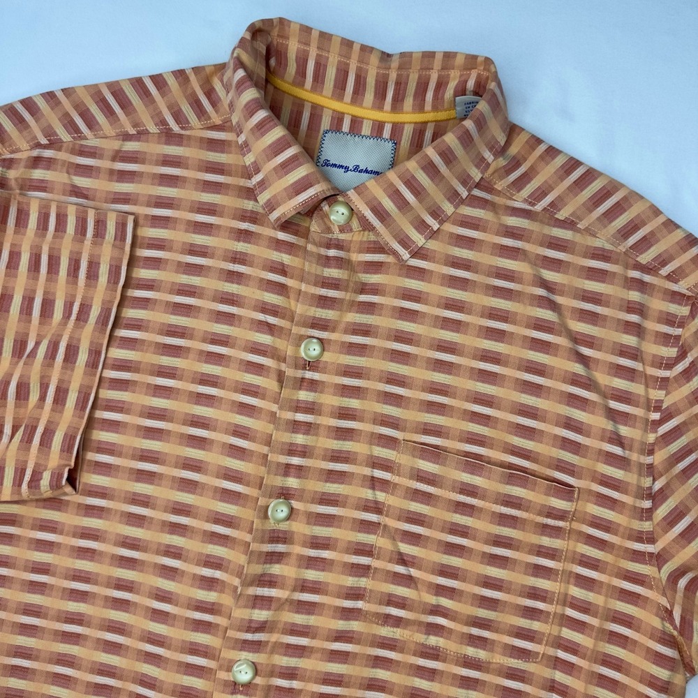 Tommy Bahama Shirt Mens Large Orange Red Print Silk Camp Short Sleeve‎ Marlin
